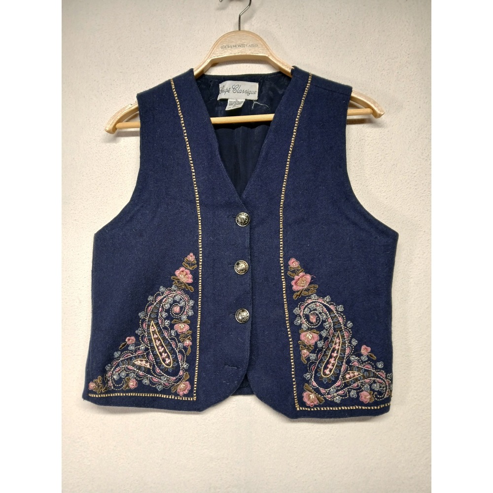 Vintage wool vest embroidered Paisley navy womens large boho coquette